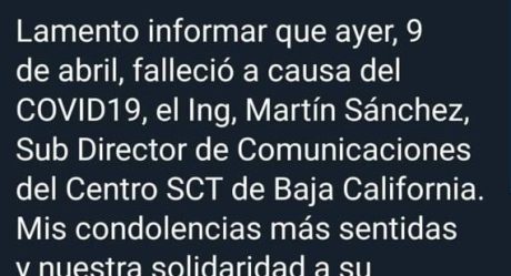 Muere por covid-19 funcionario de la SCT en Baja California