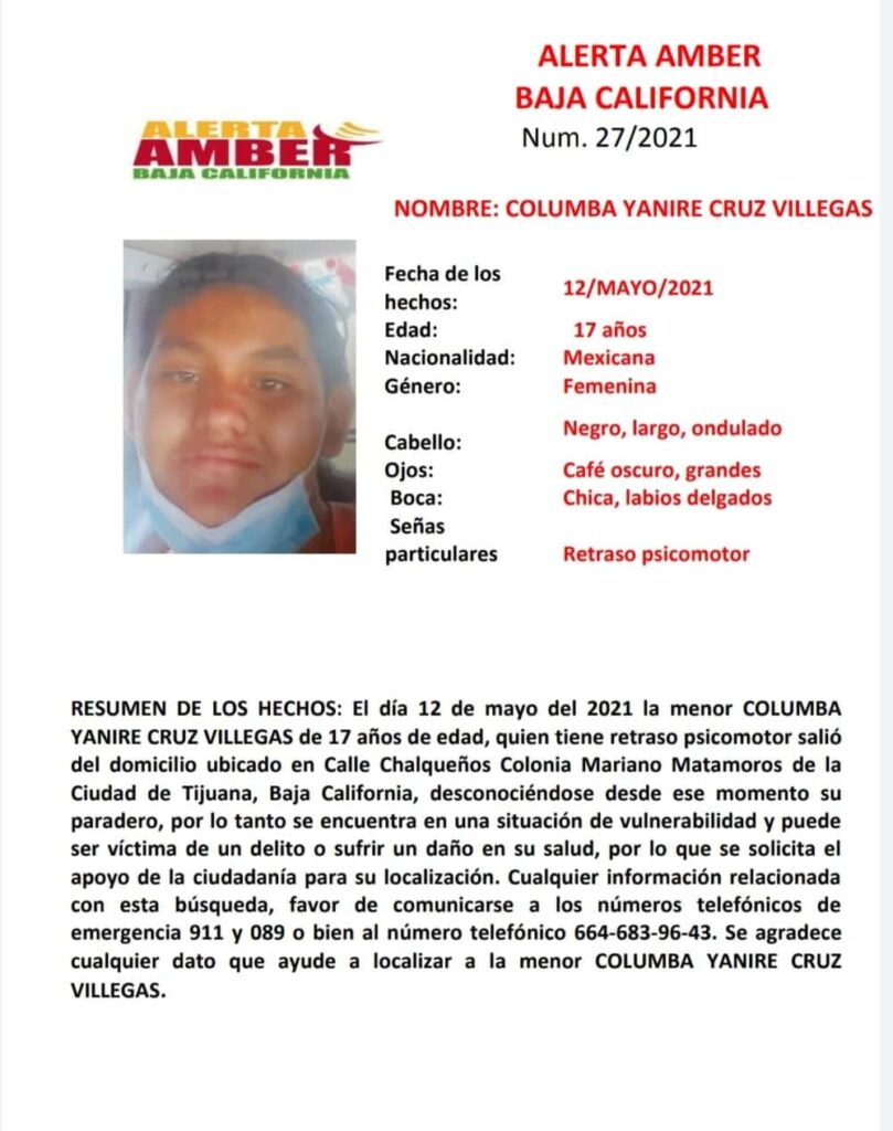 ACTIVAN ALERTA AMBER; BUSCAN A COLUMBA YANIRE CRUZ VILLEGAS