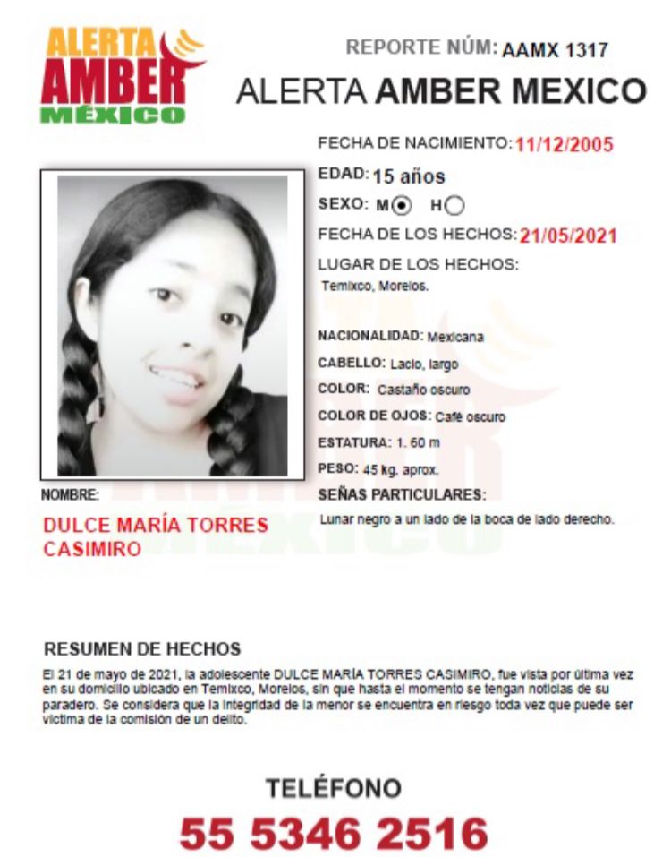 ACTIVAN ALERTA AMBER NACIONAL POR DULCE MARíA TORRES