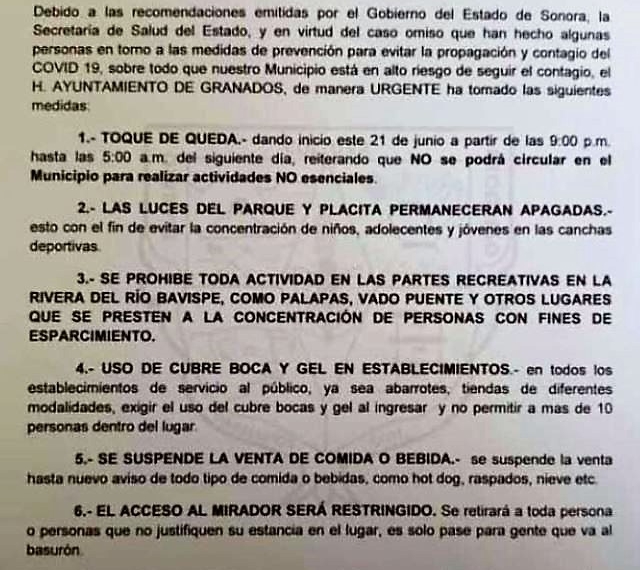 ANUNCIAN TOQUE DE QUEDA EN MUNICIPIO DE SONORA, POR COVID-19