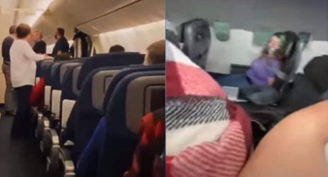 VIDEO: Intenta abrir puerta de avión; la amarran a asiento