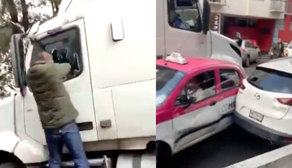 VIDEO-Tráiler-choca-y-arrastra-autos-taxista-queda-atrapado