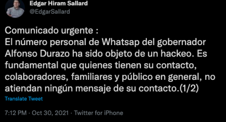 Hackean Whatsapp personal del gobernador Alfonso Durazo