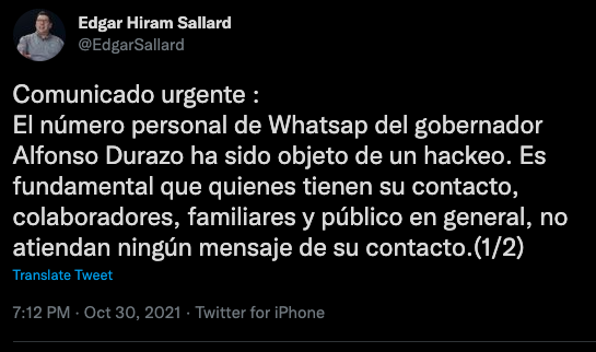 HACKEAN WHATSAPP PERSONAL DEL GOBERNADOR ALFONSO DURAZO