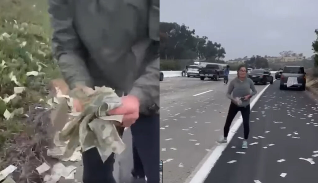 VIDEO-Cae-dinero-de-camión-en-carretera-lo-recogen-y-los-detienen