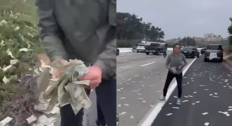 VIDEO: Cae dinero de camión en carretera, lo recogen y los detienen