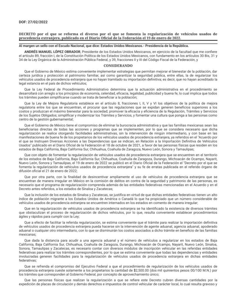 OFICIAL: MODIFICAN DECRETO PARA REGULARIZAR AUTOS CHOCOLATE OFICIAL: MODIFICAN DECRETO PARA REGULARIZAR AUTOS CHOCOLATE