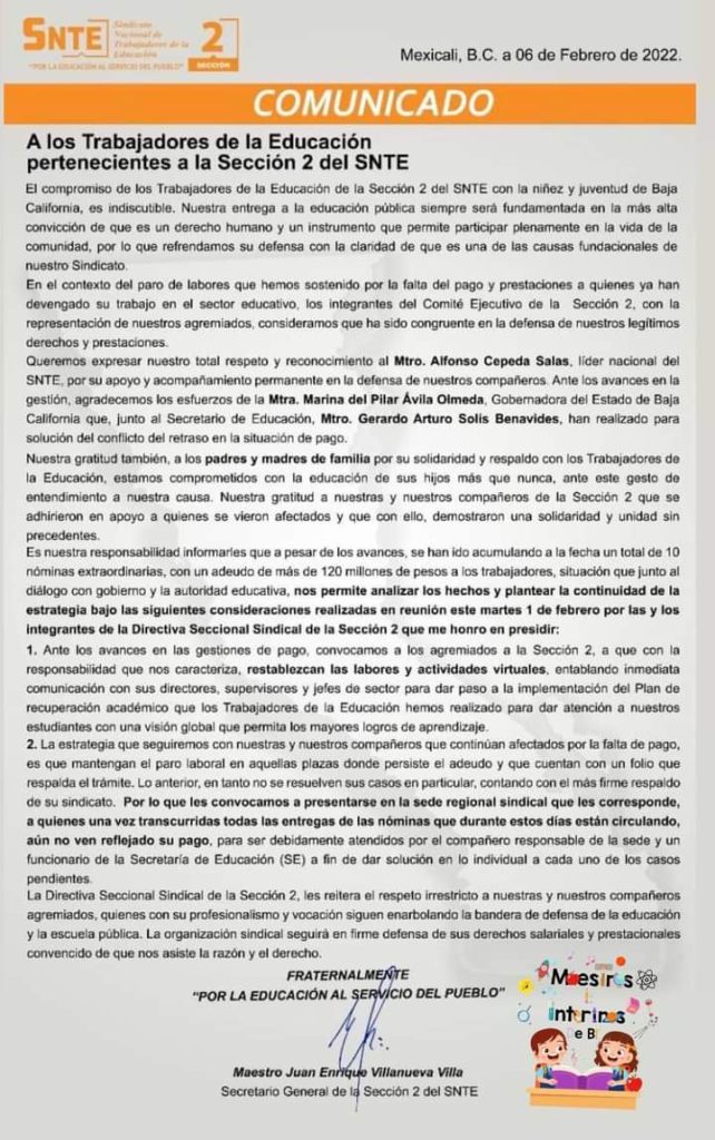 TERMINA PARO DE LABORES DE MAESTROS EN BC