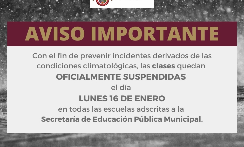 Ayuntamiento suspende clases en escuelas municipales este lunes