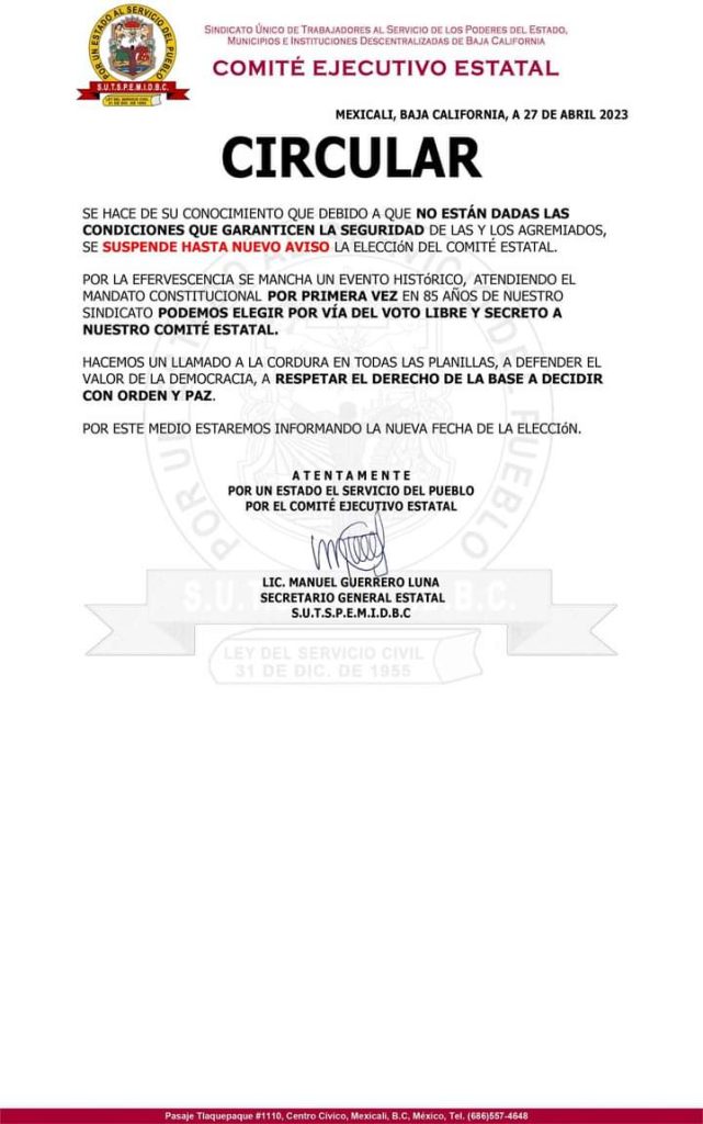 Cancelan elecciones estatales del Sindicato de Burócratas Cancelan elecciones estatales del Sindicato de Burócratas