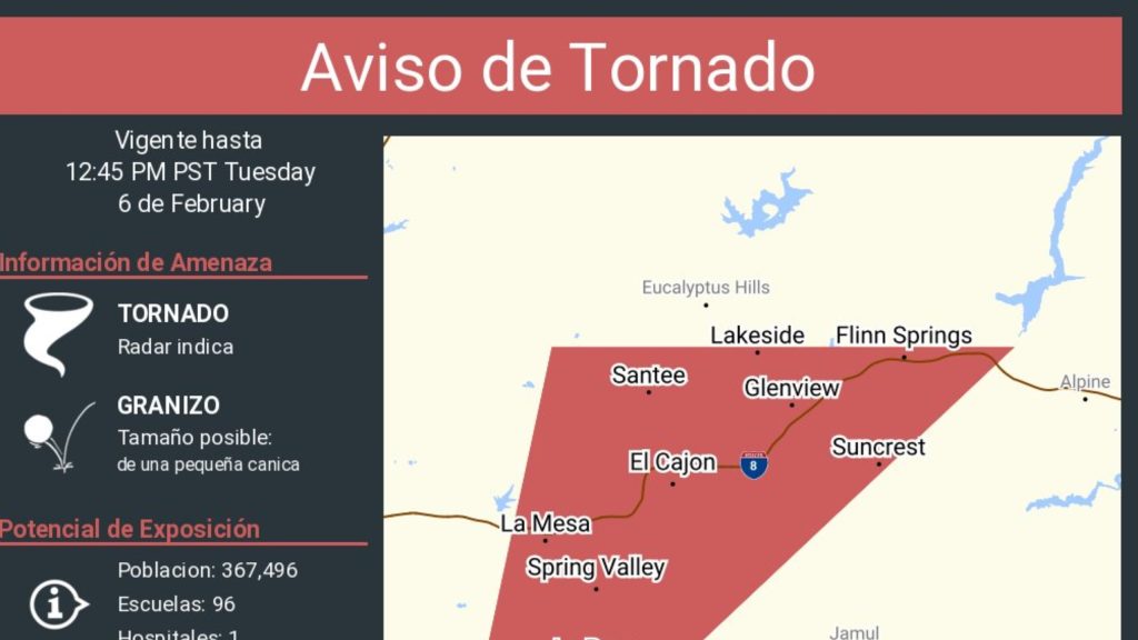 -Una tormenta invernal azotó el condado de San Diego este martes provocando advertencias de inundaciones en toda la región y una inusual alerta de tornado para el centro y sur del condado de San Diego.