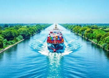 Barco de carga navegando por un canal verde.