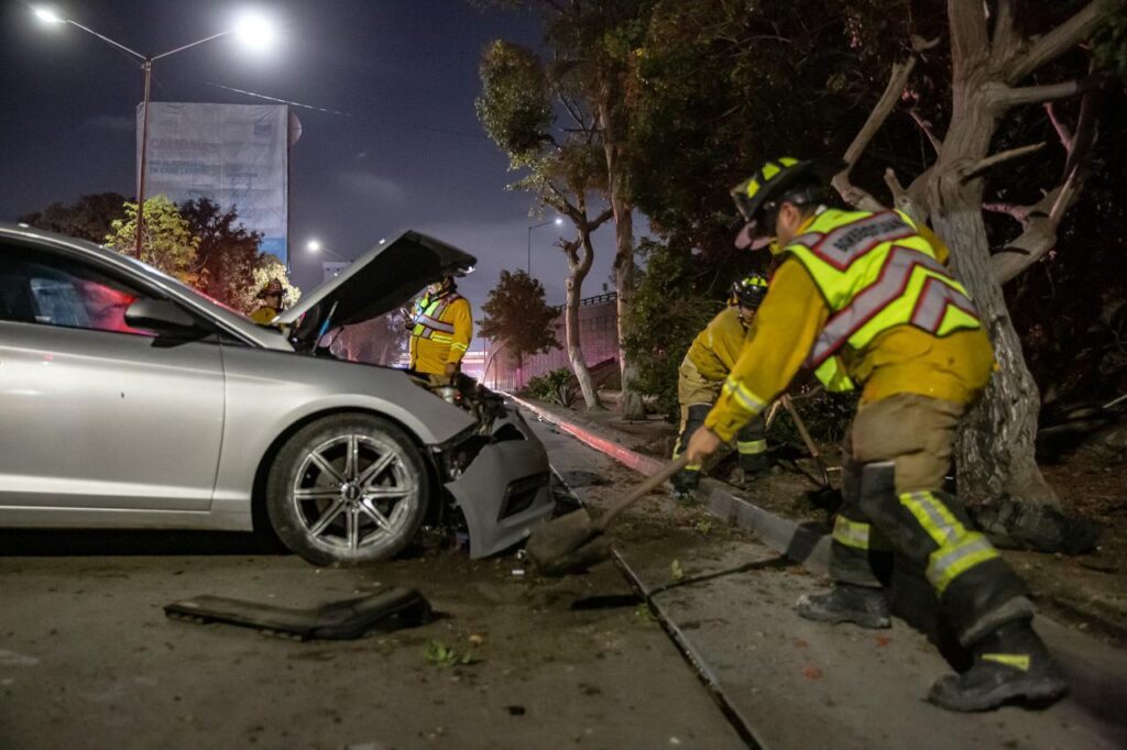 Auto se impacta con un árbol en el camellón central de la Ready Lane