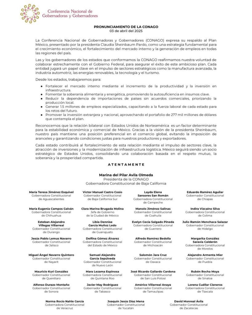 Conago respalda el Plan México presentado por la presidenta Claudia Sheinbaum