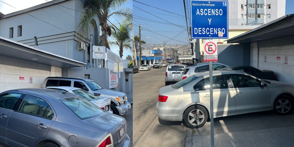 Instituto Montesquieu obstruye banqueta en Las Palmas y vecinos exigen respeto